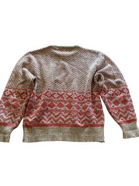 Vintage Wool CrewneckTextured Fair Isle Sweater in Marled Gray & Red. Size Large